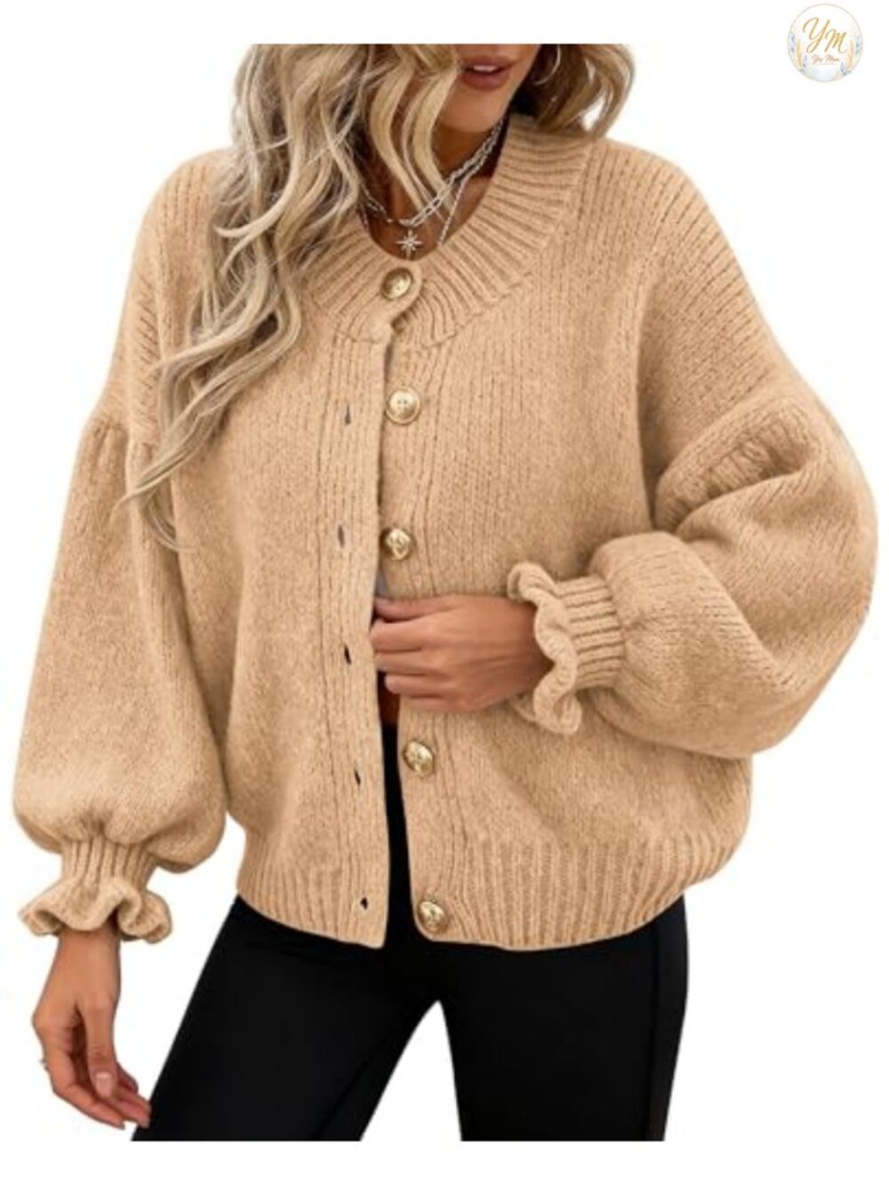 Women's Chunky Knit Long Sleeve Cardigan Sweater Ruffle Mock Neck Cozy Winter